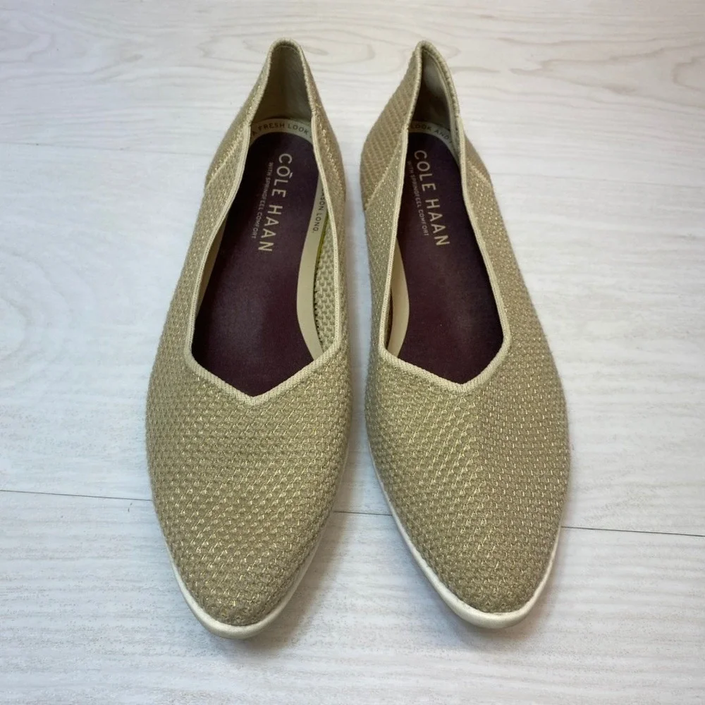 Cole Haan Womens 11B Ballet Flats Grand.OS Knit Gold Metallic Slip On Comfort